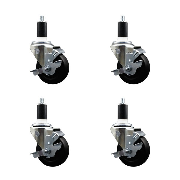 3.5'' SS Hard Rubber Swivel 1-3/8'' Expanding Stem Caster Set with Brake, 4PK